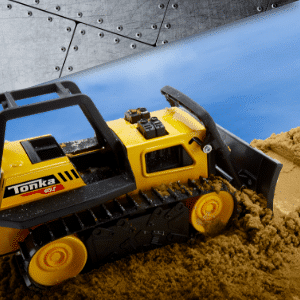 Close up of Tonka Bulldozer in dirt.
