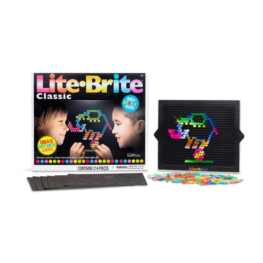 Classic Lite Brite with colorful pegs, stencils, and box on white background.