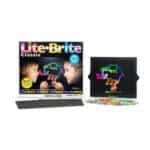 Classic Lite Brite with colorful pegs, stencils, and box on white background.