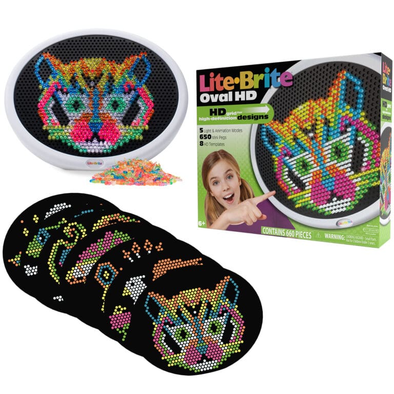 Lite-Brite Oval HD set displayed on a white background, featuring a large oval design and colorful pegs for creative play.