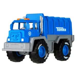 Tonka Garbage Truck angle view against white background.