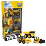 Tonka Metal Movers box with Tonka vehicles out of the box to the right, on white background.
