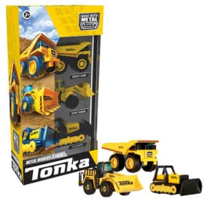 Tonka Metal Movers box with Tonka vehicles out of the box to the right, on white background.