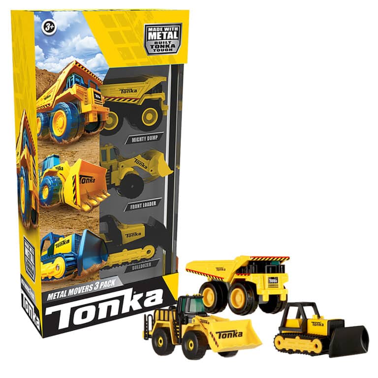 Tonka Metal Movers box with Tonka vehicles out of the box to the right, on white background.