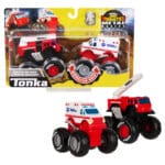 Two Tonka Monster Metal Movers with its packaging against white background.