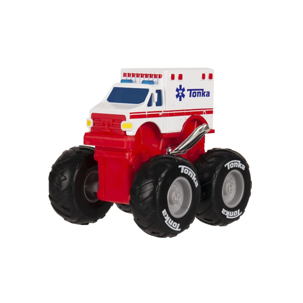 Tonka Monster Metal Mover Ambulance angle view against white background.