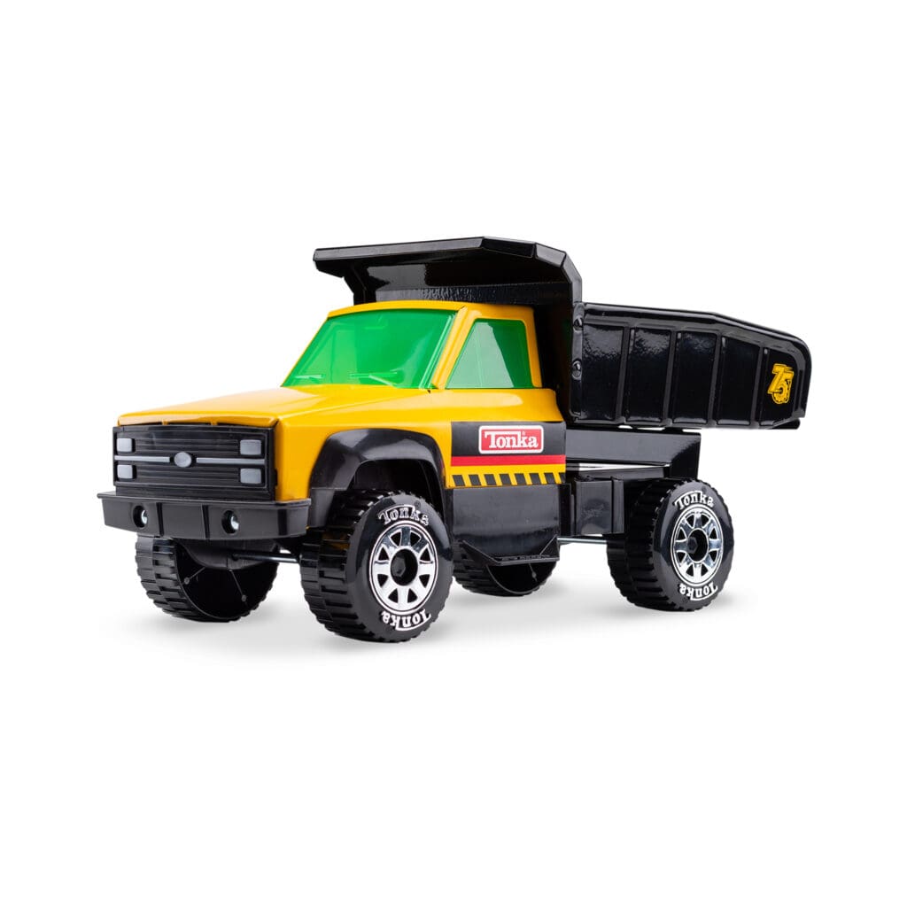 Tonka Quarry Dump Truck angle view against white background.