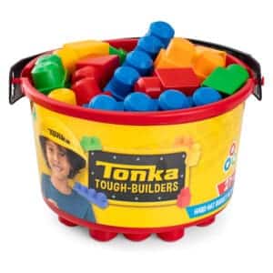 Tonka Tough Builders Bucket with pieces against white background.