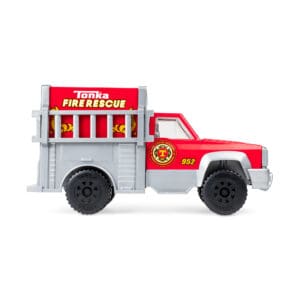 Tonka Fire Rescue Truck against white background.
