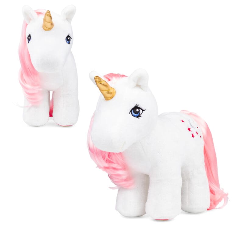 White plush unicorn with pink hair - front view.