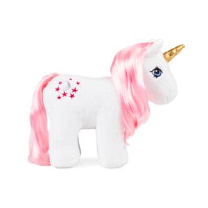 White plush unicorn with pink hair - side view.