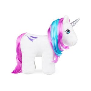 White plush unicorn with purple hair - side view against white background.