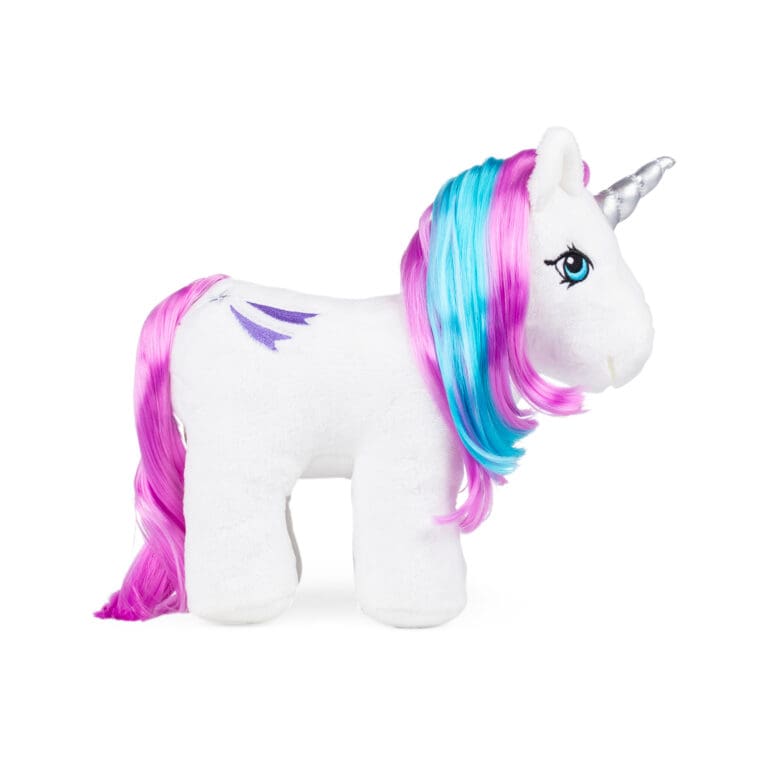 White plush unicorn with purple hair - side view.