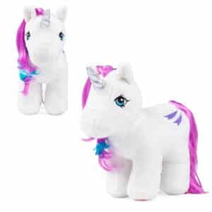 White plush unicorn with purple hair - front view.