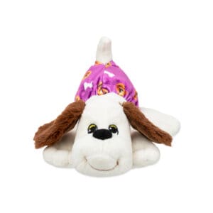 Classic Pound Puppies Plush Hungry laying down against white background.