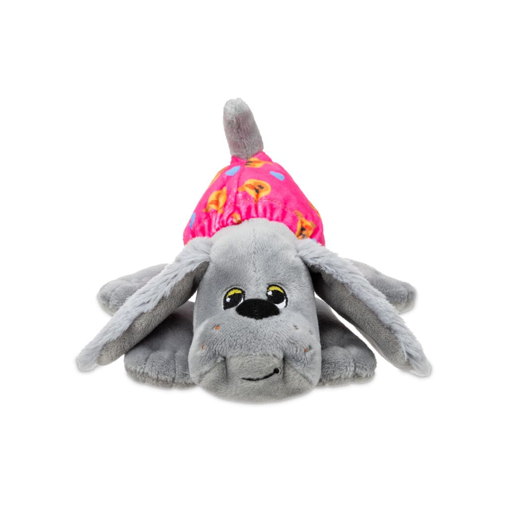 Classic Pound Puppies Plush Lovey laying down against white background.