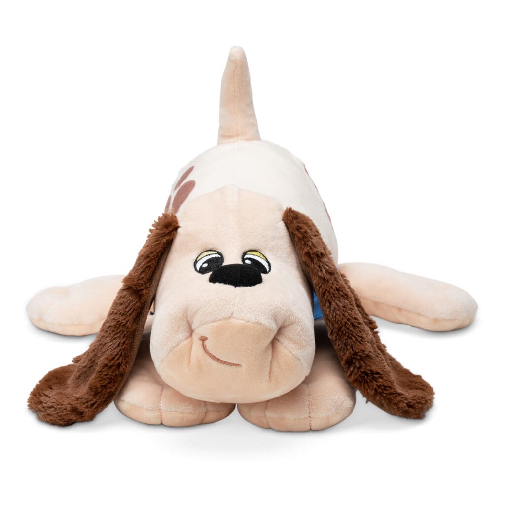 Classic Pound Puppies Plush Sleepy laying down against white background.