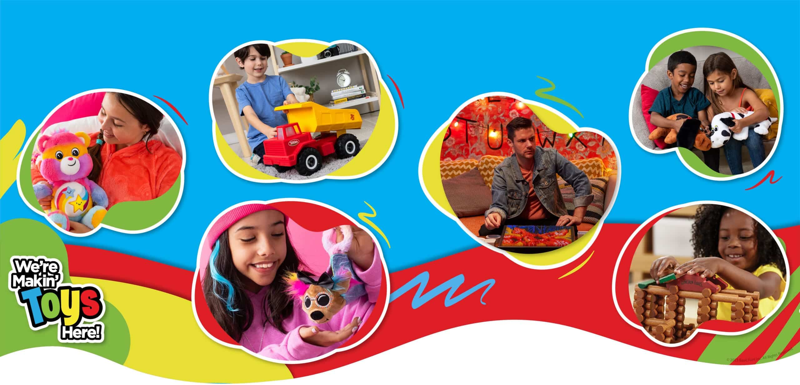Basic Fun! banner featuring various toys with children playing with them