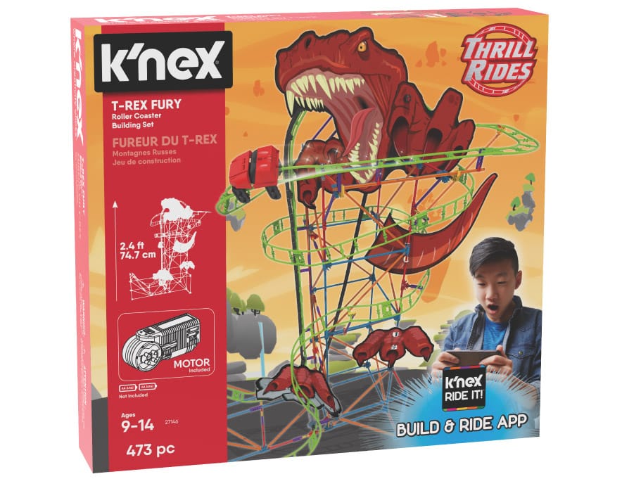 K'nex T-Rex Fury Roller Coaster Building Set in packaging against white background.