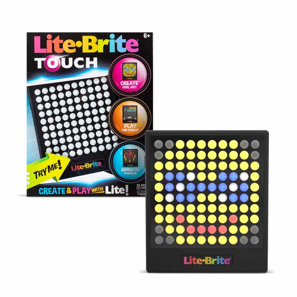 Lite Brite Touch in packaging and out of packaging against white background.