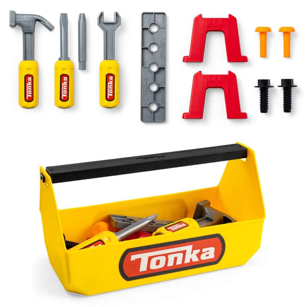 Tonka Tough Toolbox Set with screws, hammers etc, against white background.