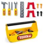 Tonka Tough Toolbox Set with screws, hammers etc, against white background.