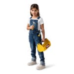 Young girl holding Tonka Tough Toolbox Set.