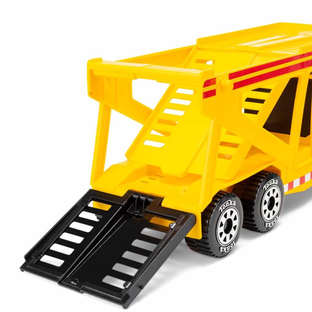 Close up of back of Tonka Steel Classics Classic Car Carrier against white background