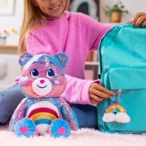 girl with Care Bears Sequin Bear - cheer