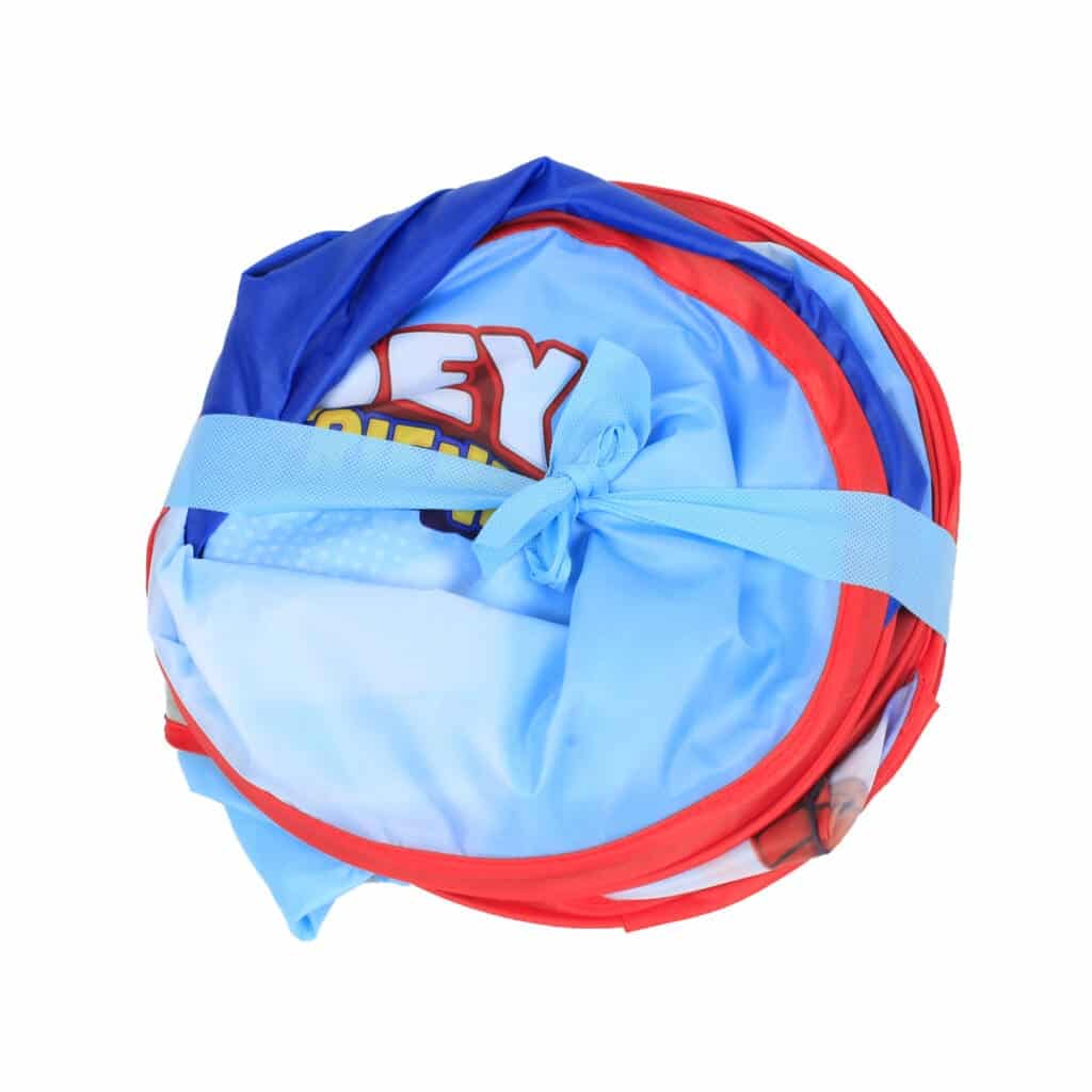Playhut Spidey Classic Hideaway wrapped up on white background.