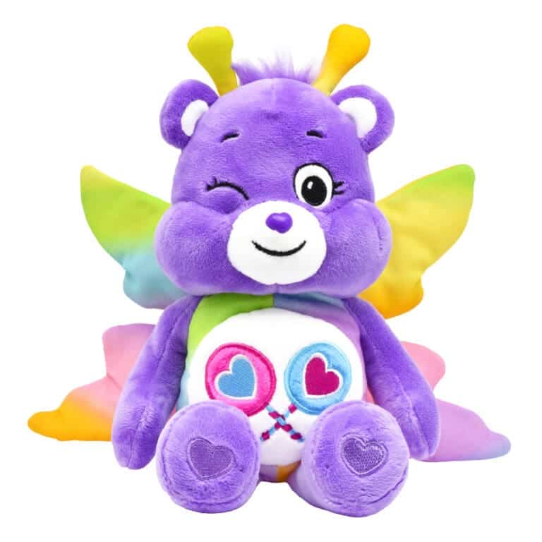 A purple Share Bear plush toy from the Care Bears collection is shown against a plain white background.