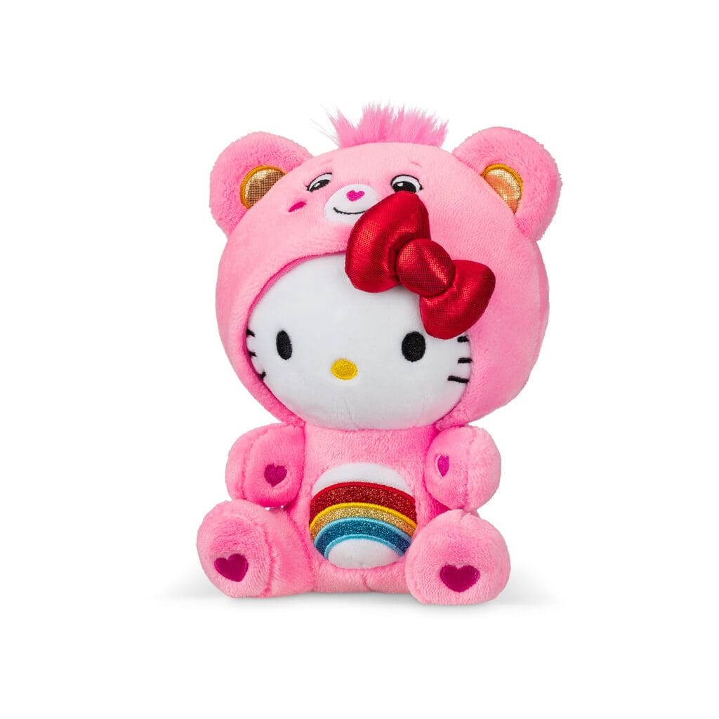 Plush Hello Kitty dressed as Cheer Bear on white background.