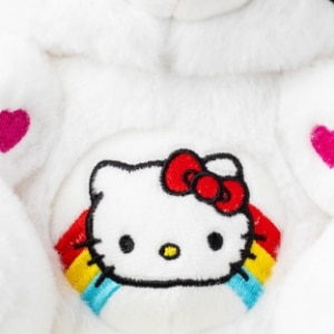 Close-up of a Care Bears Hello Kitty plush toy's stomach with a Hello Kitty face design.
