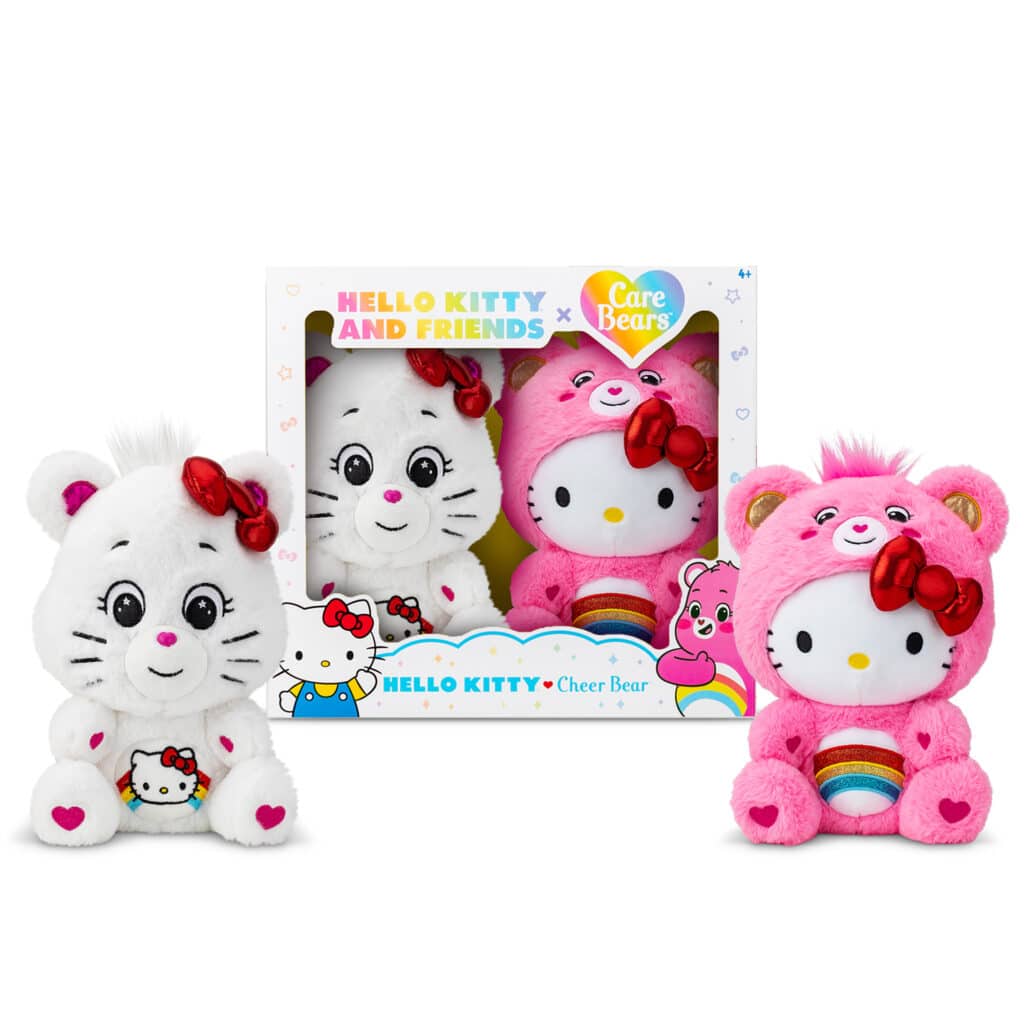 Care Bears Hello Kitty 2 Pack are in their box together, while two unboxed Care Bears are sitting beside each, on a white background.