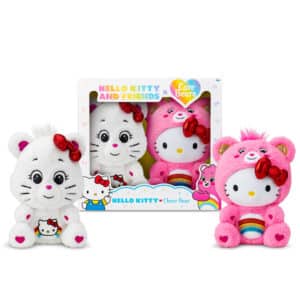 Care Bears Hello Kitty 2 Pack are in their box together, while two unboxed Care Bears are sitting beside each, on a white background.