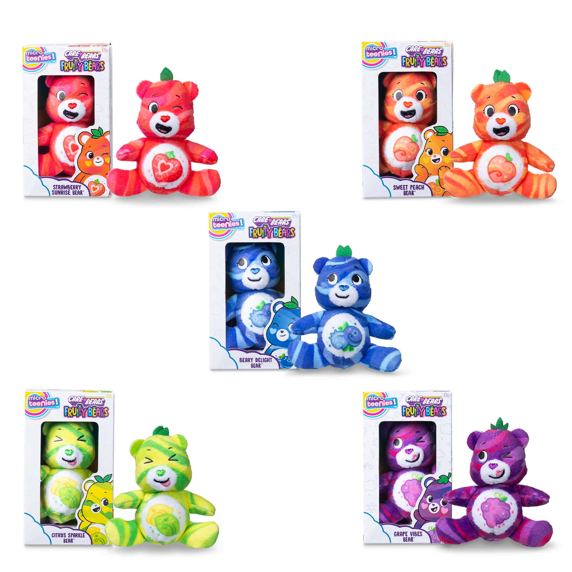 Bears in and out of their individual packaging from the Micro Teenies Care Bears Fruity Bears 5-Pack