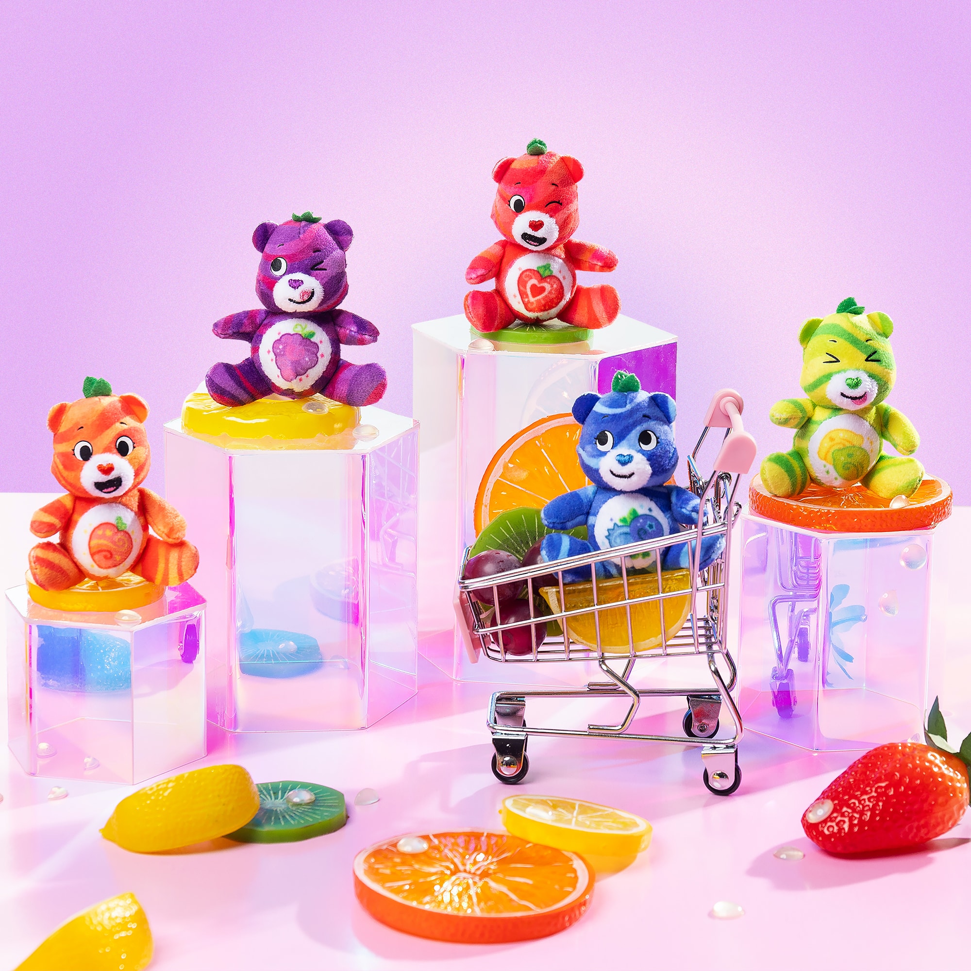 Display of all the bears from the Micro Teenies Care Bears Fruity Bears 5-Pack