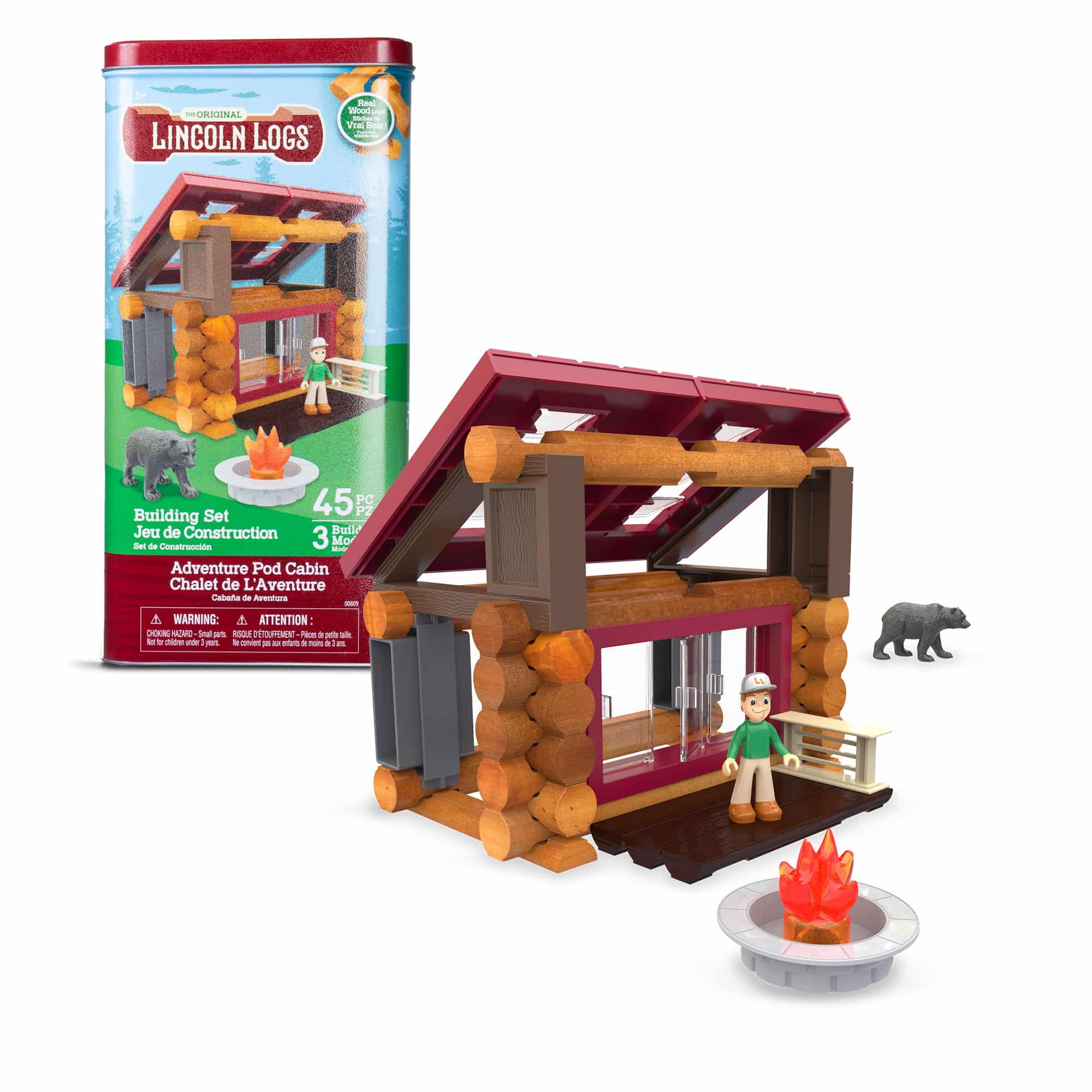 Lincoln Logs Adventure Pod Cabin in and out of packaging