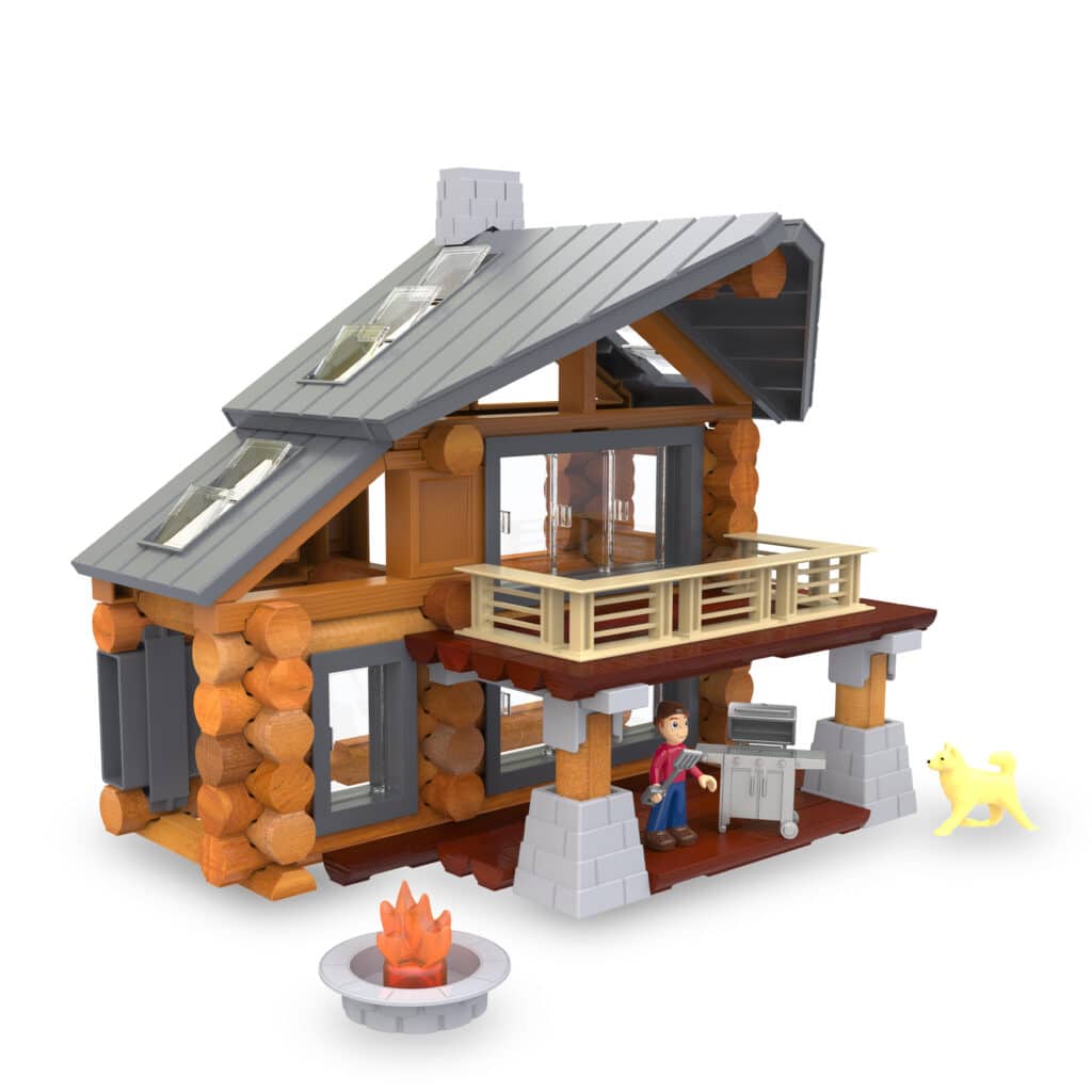 Photo of the from oh the Lincoln Logs Beechwood Retreat displaying the fire pit, dog, and man figurines