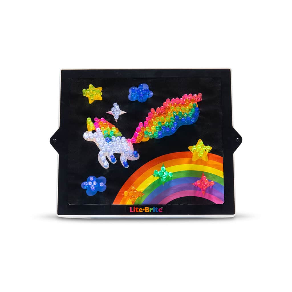 Front facing photo of the Lite-Brite Classic, Bold & Bright Edition with a unicorn displayed on it