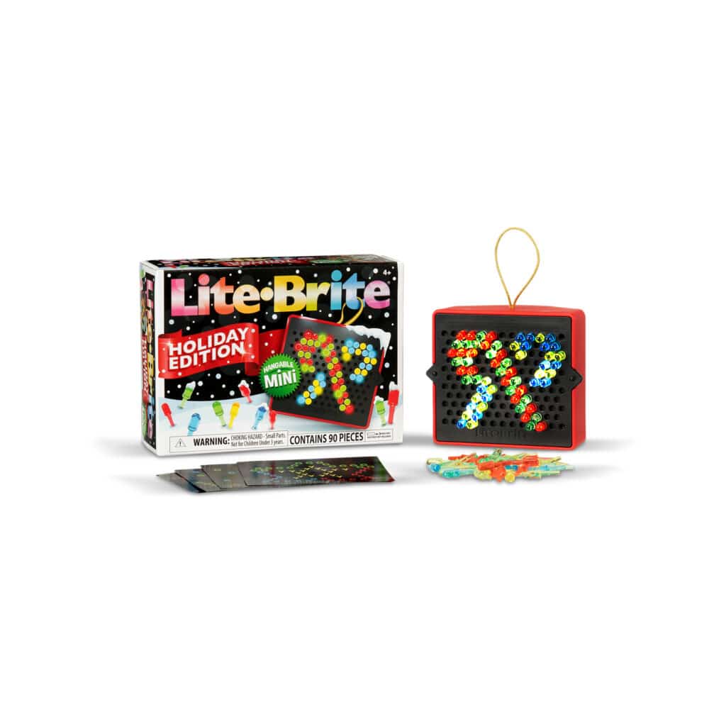 Lite-Brite Mini, Holiday Edition in and out of packaging displaying each piece included