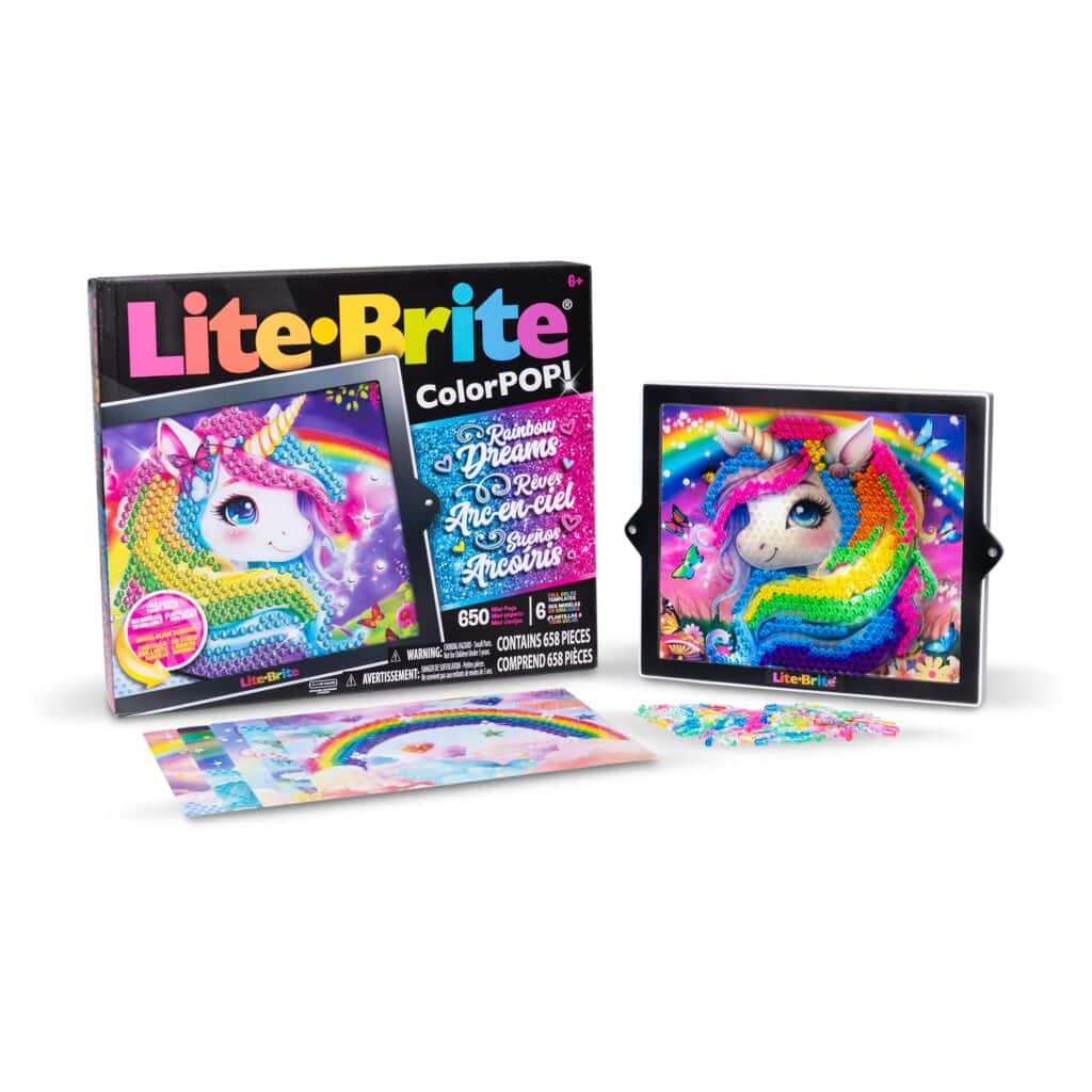 Lite-Brite ColorPOP! Rainbow Dreams in and out of packaging