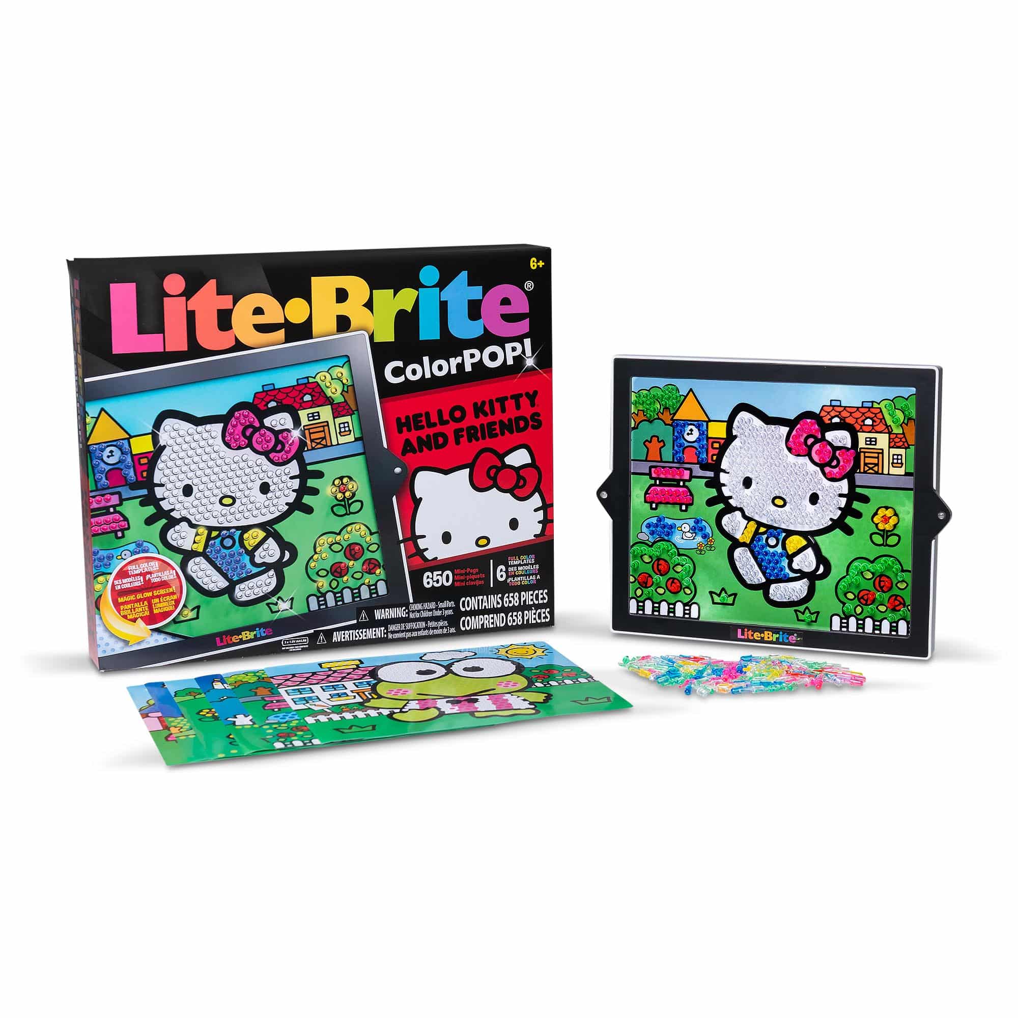 Lite-Brite ColorPOP! Hello Kitty in and out of packaging displaying pieces and backgrounds