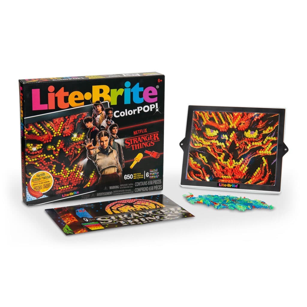 Lite-Brite ColorPOP! Stranger Things in and out of packaging displaying all the different pieces