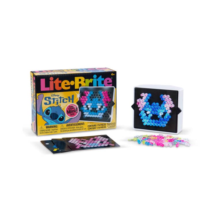 Lite Brite Mini, Stitch in and out of packaging displaying everything that comes with it