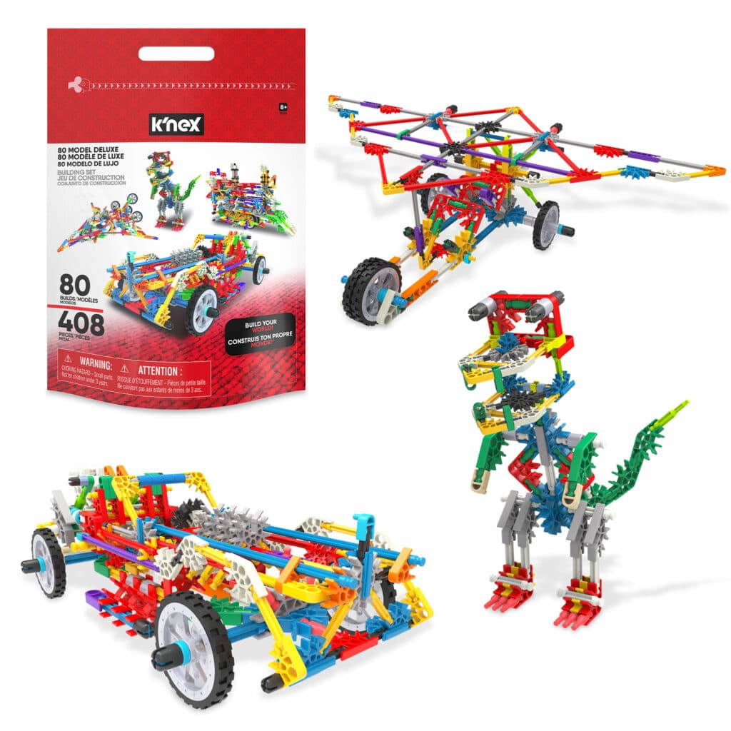 K'NEX 80 Model Building Set in and out of packaging displaying example toys you could build
