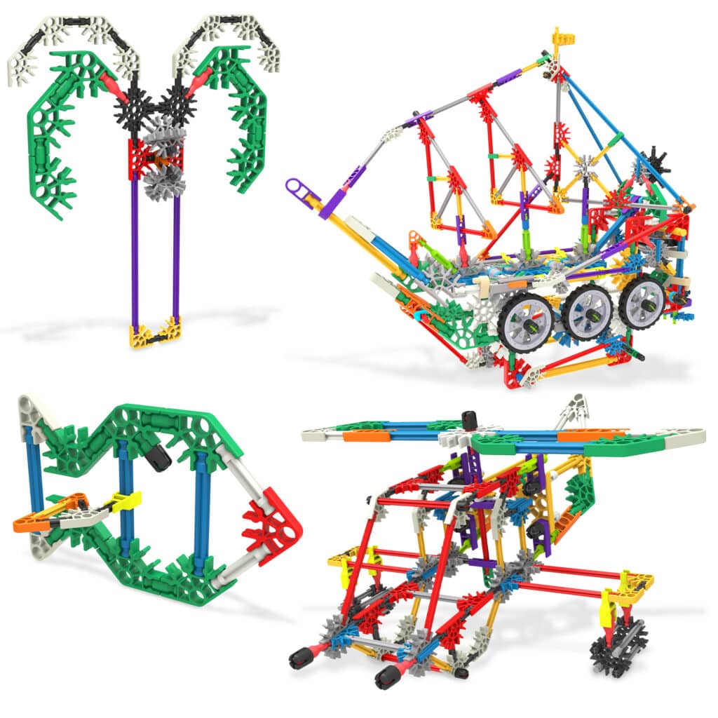 Image of example model toys that could be created using the pieces from the K'NEX 80 Model Building Set