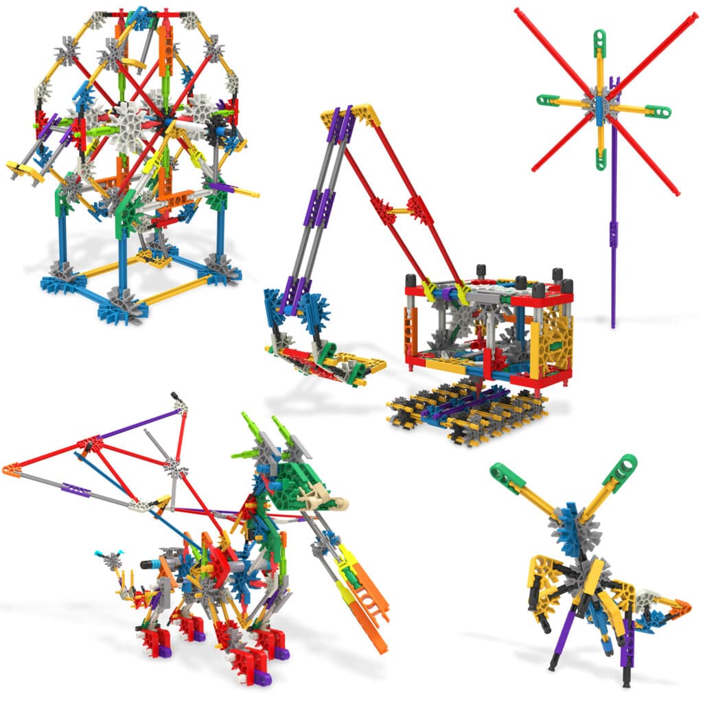 Image of example model toys that could be created using the pieces from the K'NEX 80 Model Building Set