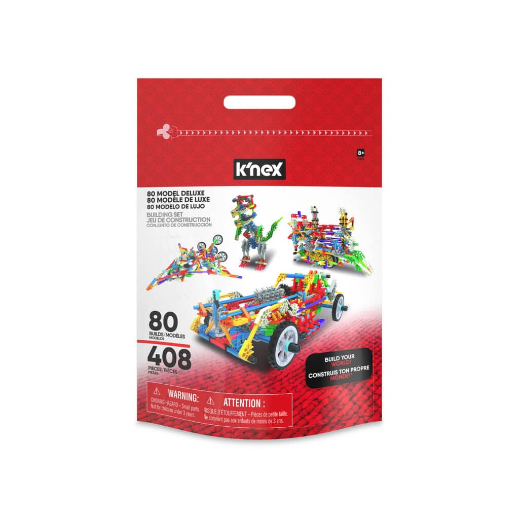 The front of the packaging for the K'NEX 80 Model Building Set