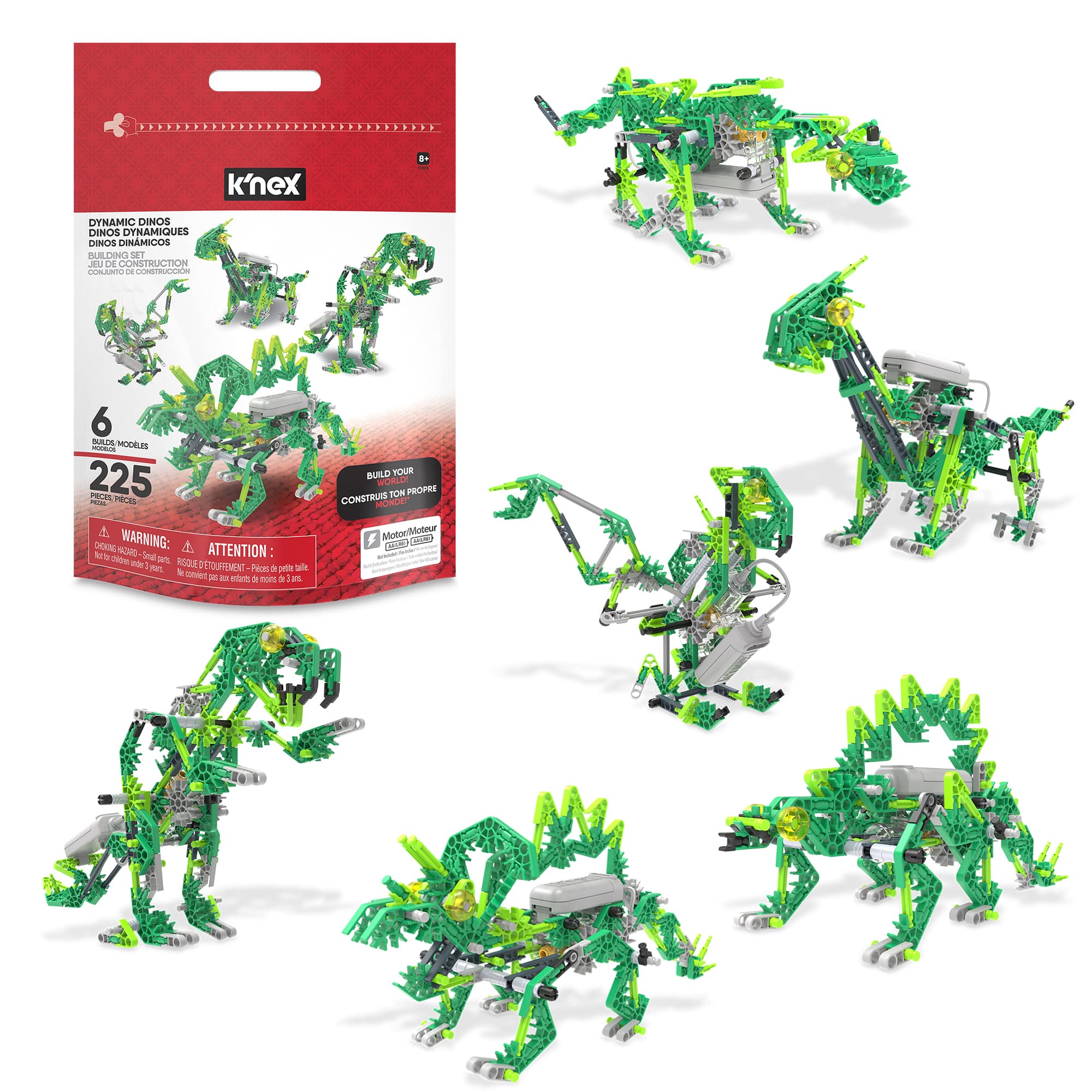 K'NEX Dynamic Dinos 6-in-1 Building Set in and out of packaging displaying six dinos that can be built from this K'Nex set